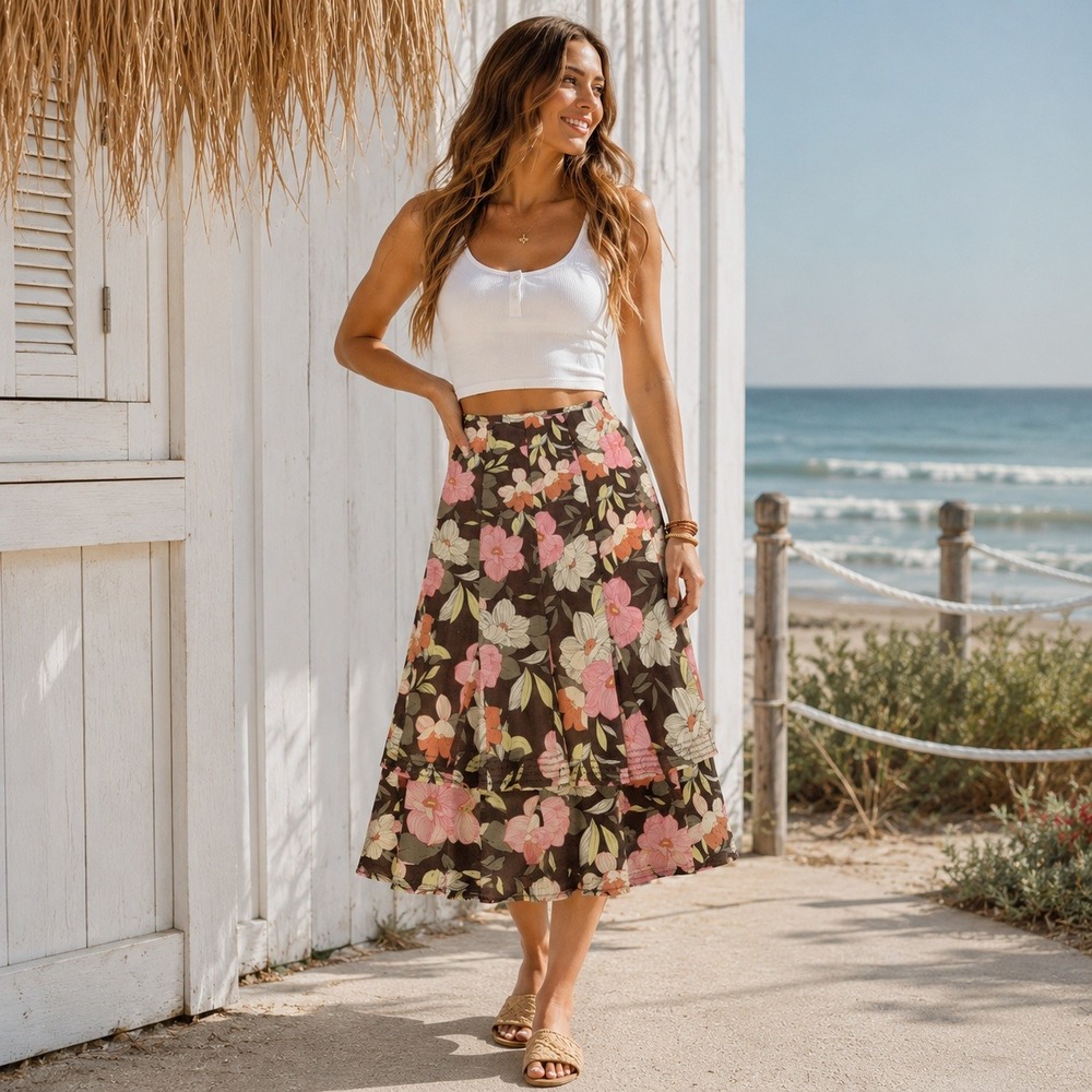 Elementz Floral A-Line Skirt‎ Linen Blend Summer Boho Brown Pink Mid Women's S